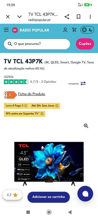 Venda  smart tv TCL 43P7K (QLED-43-109cm 4K Novo