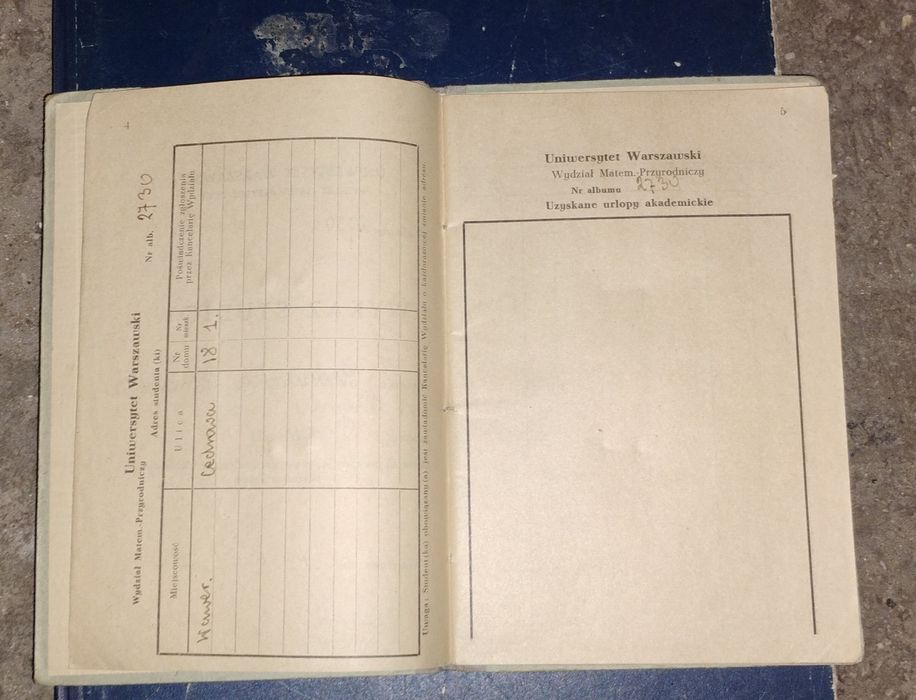 Indeks studencki Uniwersytet Warszawski 1945 – oryginał, powojenny