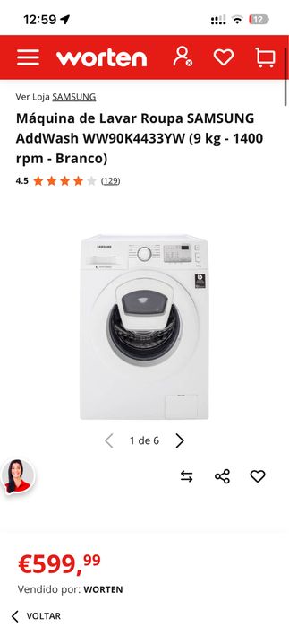 Máquina de Lavar Roupa SAMSUNG AddWash WW90K4433YW