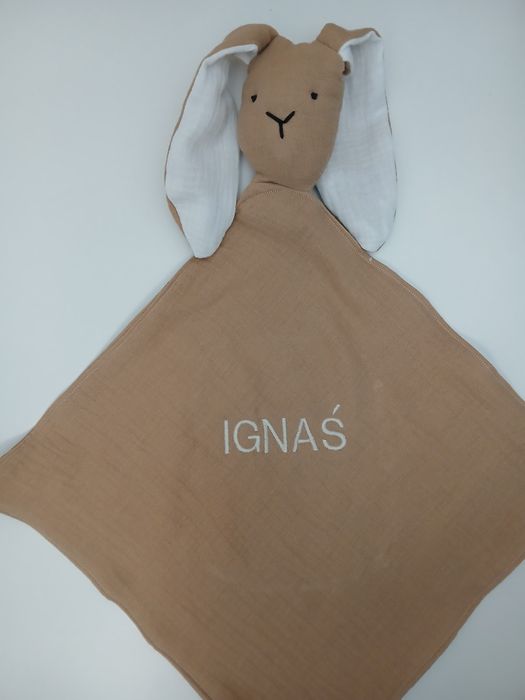 Muślinowy króliczek szmatka przytulanka maskotka z imieniem