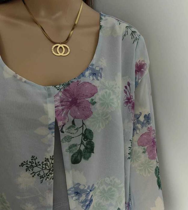 Bluzka błękitna kwiaty elegancka plus size 50 5XL old money kolorowa