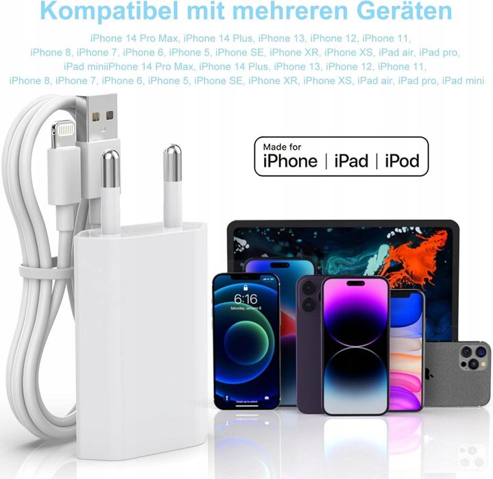 ładowarka do iphone 5v/1a z kablem lightning 2.m 2.szt gejin a1400