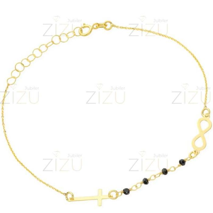 złota bransoletka krzyżyk znak nieskończoności oraz czarne onyksy