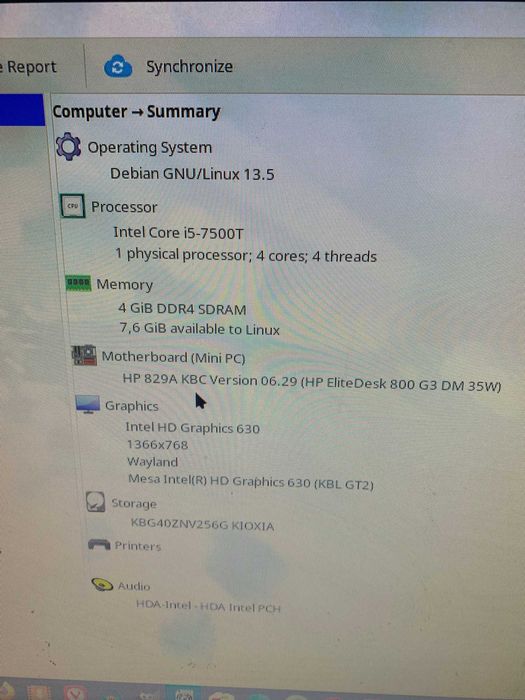 Мікро ПК HP EliteDesk 800 G3 i5-7500T 8/256GB NVME m2 , Linux MX-25.2 KDE Plasma