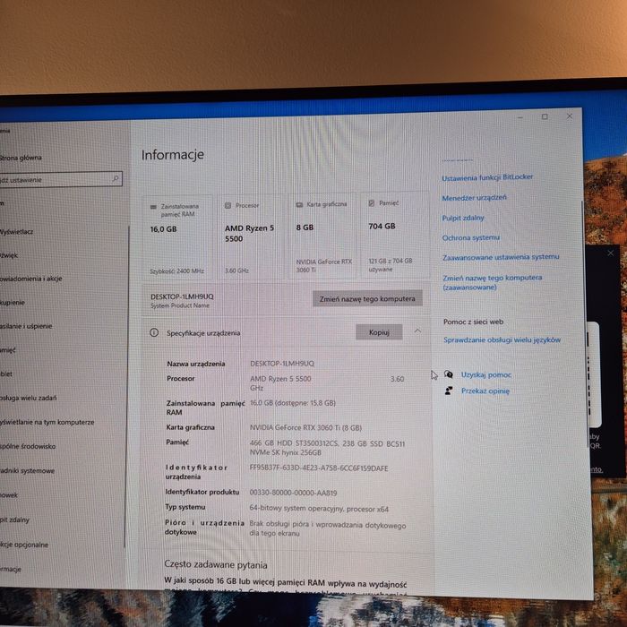 Komputer RTX3060Ti/R5 5500/16Gb ram/Gamingowy Okazja Gwarancja SSD Windows 10 Pro
