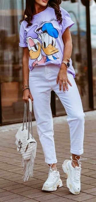 O'la Voga liliowy t-shirt duży nadruk kaczor donald