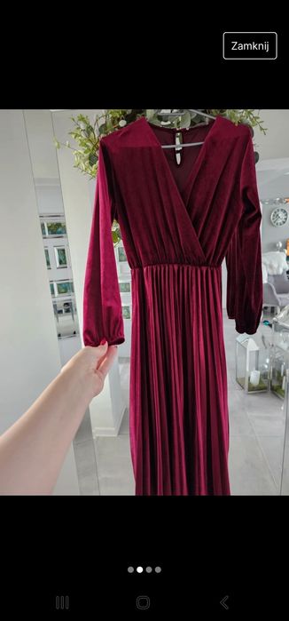 Bordowa sukienka welurowa z plisowana spódnicą rozm. Uni