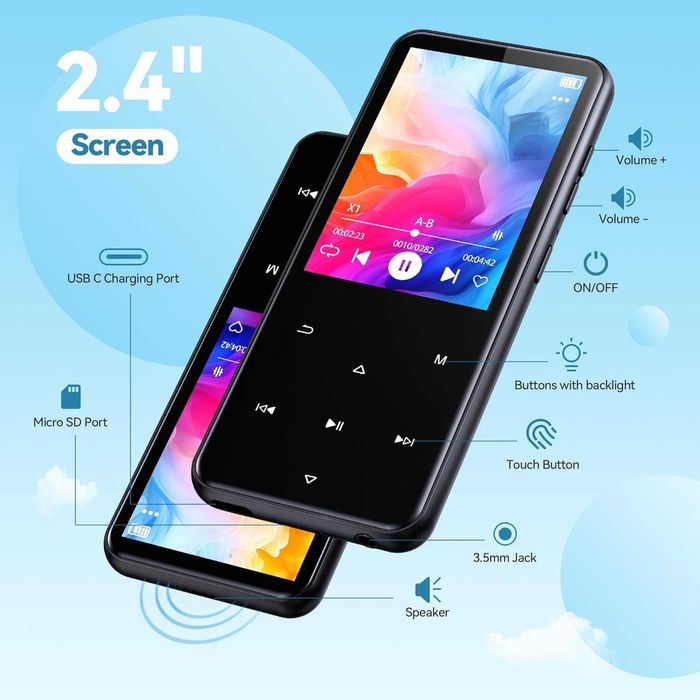 MP3 плеєр AGPTEK M3PL, Bluetooth 5.3, 2.4” TFT екран, 64 ГБ