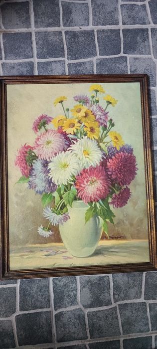 Quadro Vintage Jarro com Flores - Pintura Clássica / Natureza Morta com Moldura