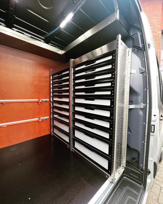 Regały TOM-LOCK do busa mobilny warsztat, szuflady, zabudowa serwisowa