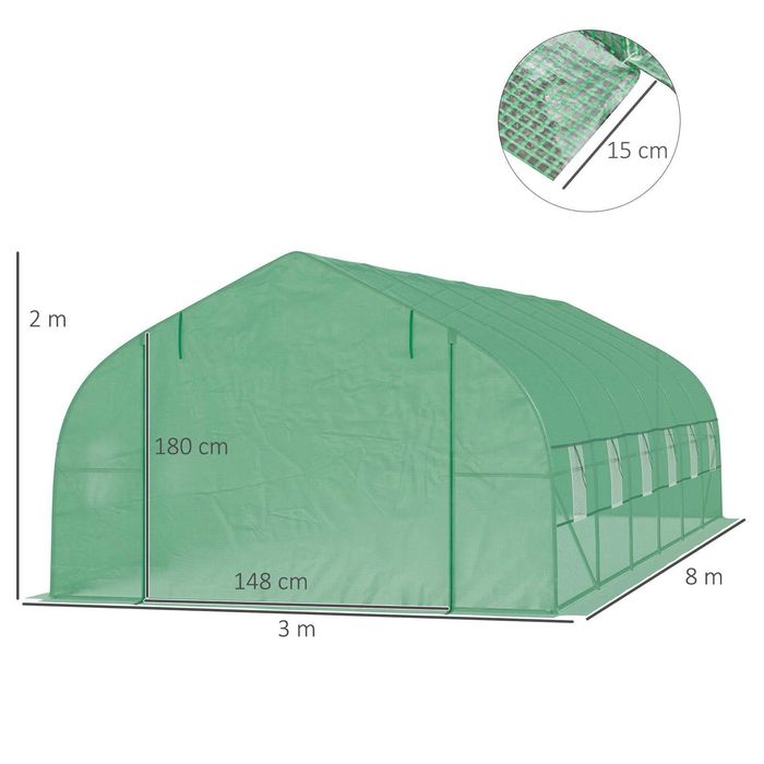 Túnel agrícola 800x300x200 cm com porta enrolável e 12 janelas