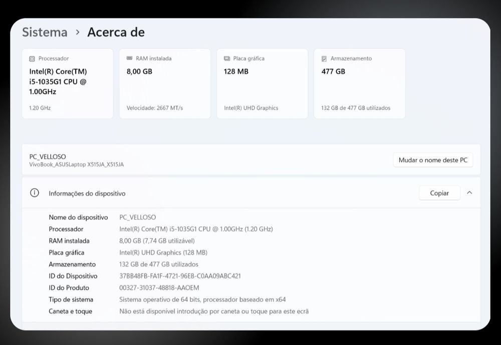 Notebook ASUS I5 8GB/512GB