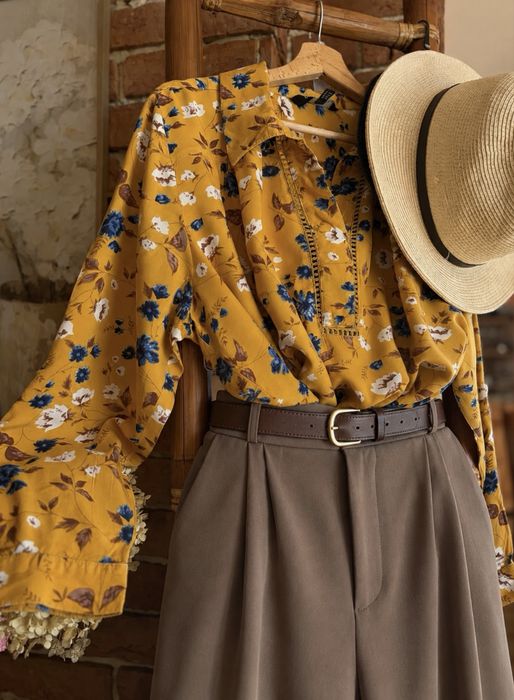 Ulla Popken bluzka kwiatowa boho oversize jesienna 46/48 musztardowa dekolt V
