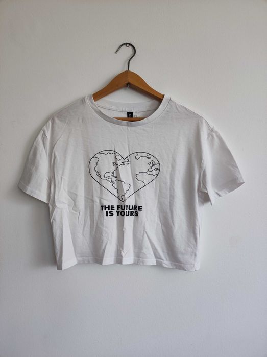 Bluzka Crop top H&M XS 34 basic print biała bawełna