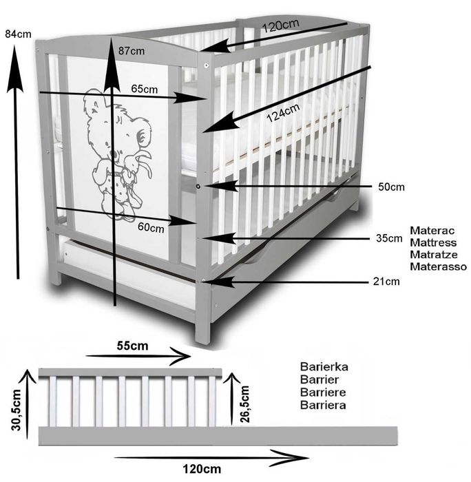 Łóżeczko dziecięce Bajka szara + szuflada + barierka + materac kokos