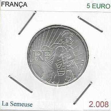 França - - - 5 Euros - 2008 - - - La Semeuse - - - Moeda de Prata