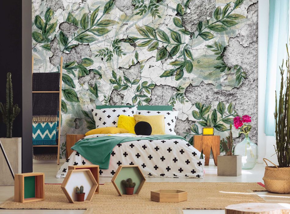 Fototapeta Boho Liście Beton Ściana Loft 3D Twój Rozmiar + KLEJ