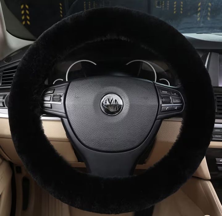 Чохол на кермо, леопардові трикотажні, чорний плюш/стрази, хутряний