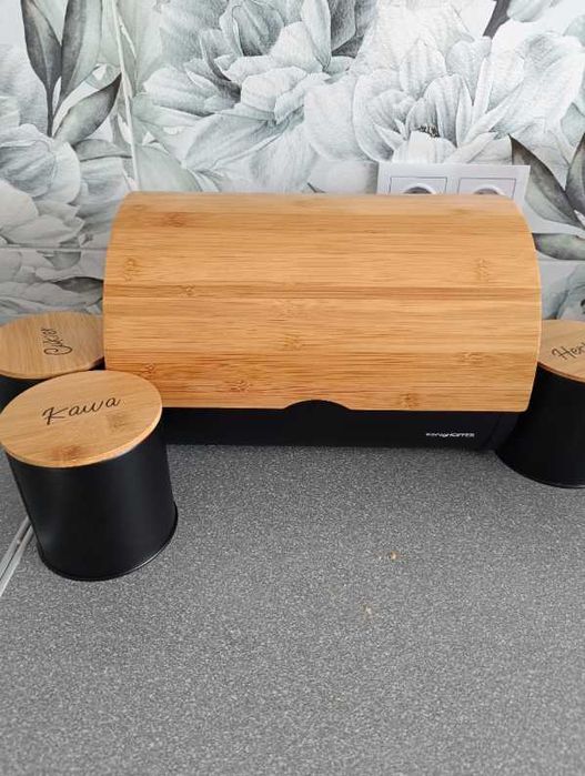 XXL Chlebak Czarny Drewniany Bambusowy Na pieczywo + GRATIS 3x Puszki