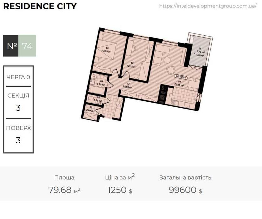 Продаж 3-кімнатної квартири в ЖК Residence City | 79,68 м² | 3 поверх