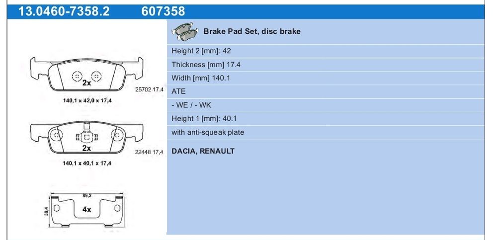 Pastilhas travão ATE Dacia Logan II e Sandero II