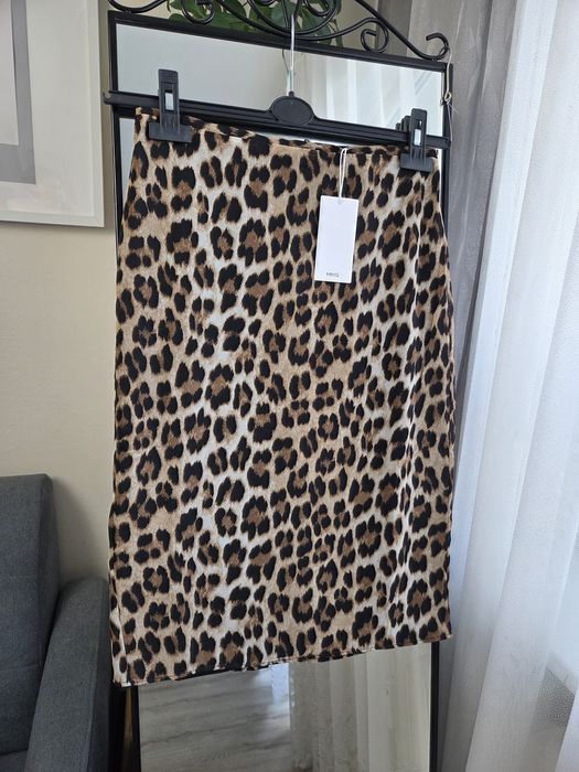 Nowa spódnica za kolano wysoki stan Mango XS panterka leopard gepard