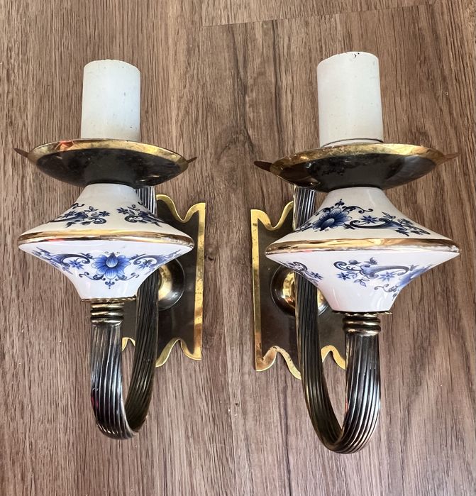 Par Apliques Porcelana Italiana e Latão, anos 40