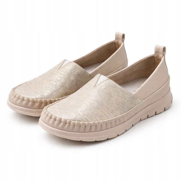 Złote mokasyny damskie wsuwane - lekkie z elastyczną podeszwą 39