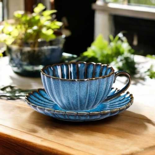 Elegancka Filiżanka i spodek do herbaty kawy ceramika NIEBIESKI duży