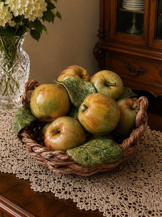 Cesto com Maçãs em Cerâmica – Peça Decorativa
