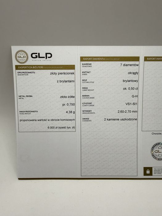 Złoty pierścionek 750 z diamentami 0,50ct VS1-Si1/G-H
