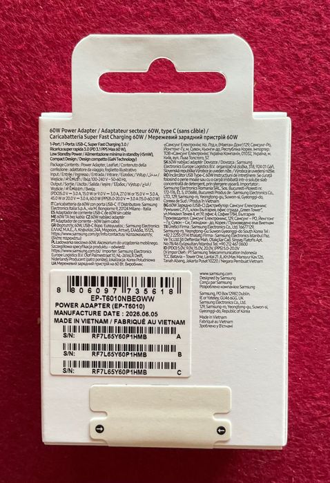 Carregador oficial Samsung 60W USB-C, completamente novo, nunca usado e na caixa original selada