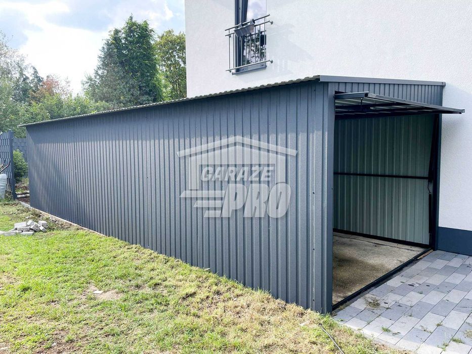 Garaż blaszany 3x9 2x Brama uchylna + antracyt  spad w bok GP191