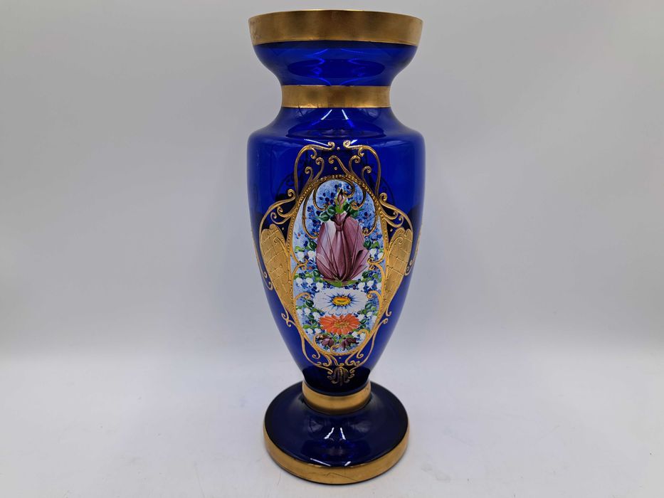 Wazon szklany 32 cm kobalt Bohemia Novy Bor złocenia kratka kwiaty