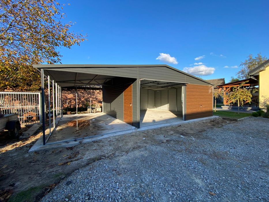 Garaż blaszany 6x6 + wiata 3x6, 9x6, grafit mat, antracyt. PRODUCENT.