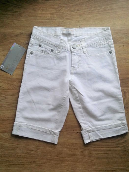 bermudy białe szorty jeansowe do kolan xs srebrne letnie kolarki slim