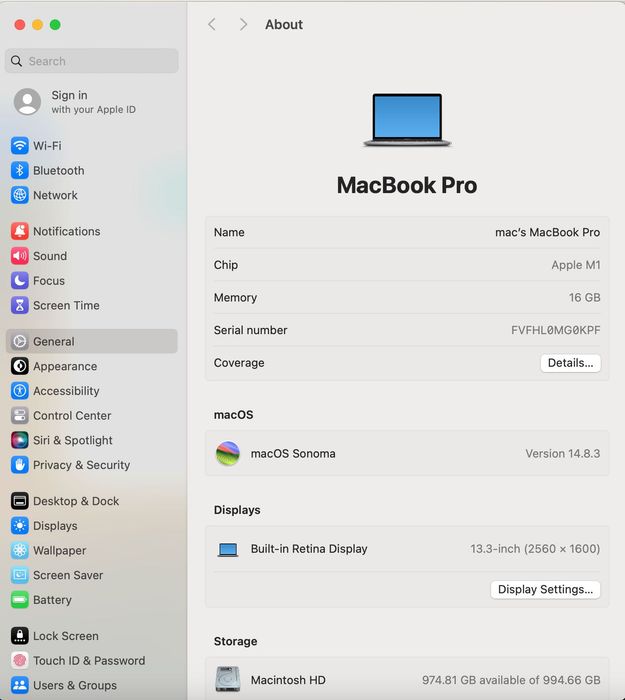 MacBook Pro 13 M1/8 CPU/8 GPU/ 16/ 1 TB/ Space Gray новий