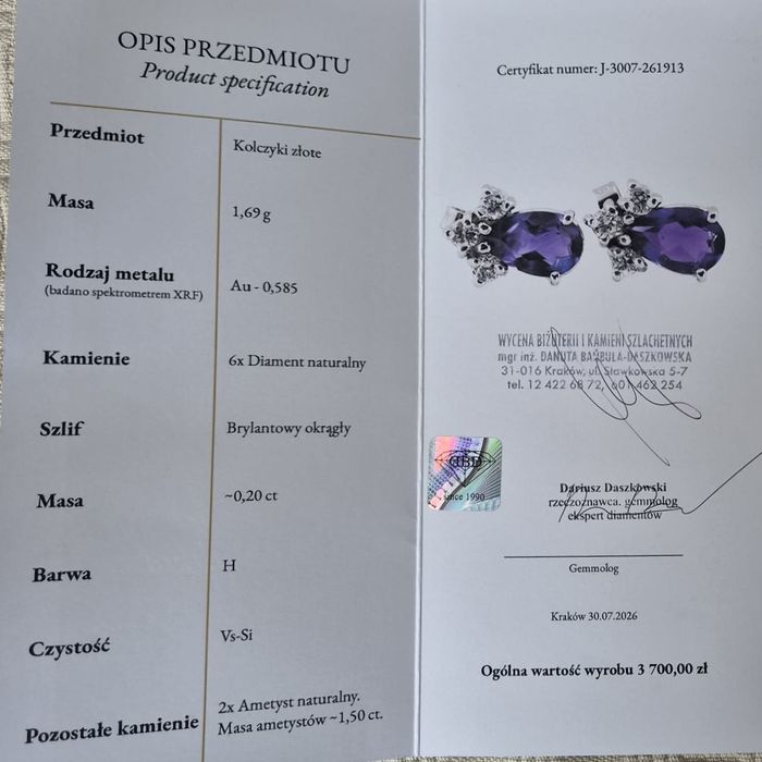 Kolczyki Ametyst Diamenty 0.2ct Złoto 585 WYCENA 3700