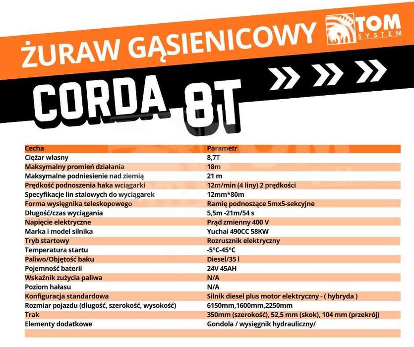 CORDA - Dzwig żuraw gąsienicowy 8T - 18m NOWY Hybryda z UDT