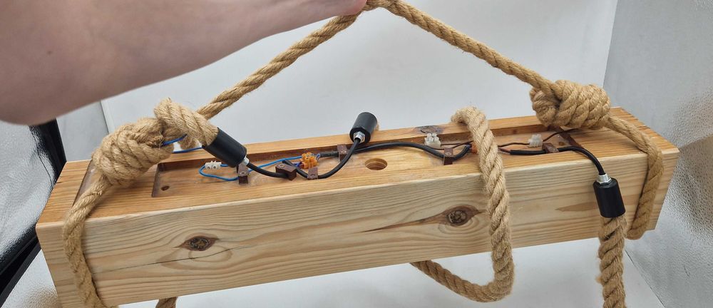 Lampa Żyrandol z drewna i liny unikatowe oświetlenie 3 źródła światła!