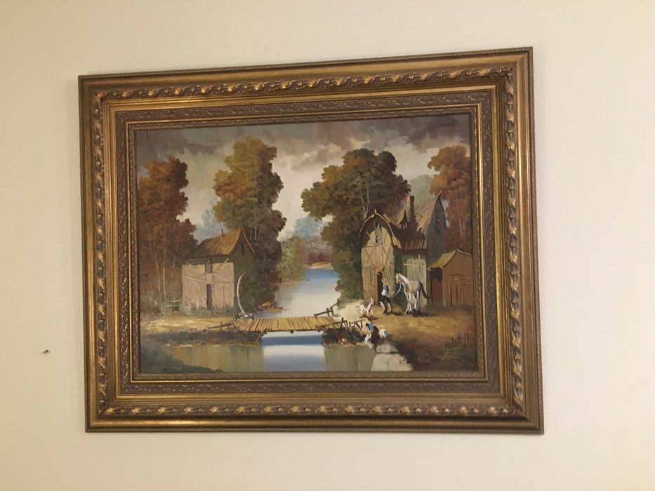 Quadro pintado a óleo moldura dourada