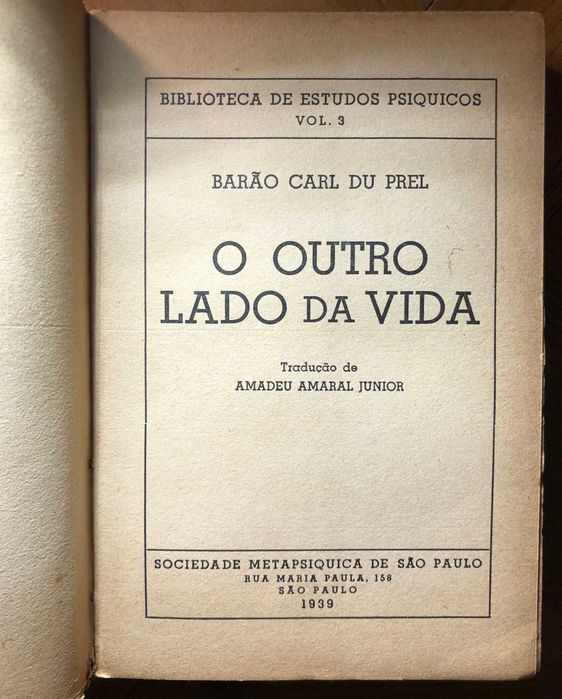 Livro “O Outro Lado da Vida” por Barão Carl du Prel: 1939