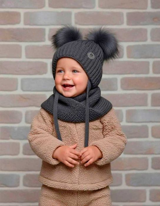Теплый детский набор мальчику 1 2 3 4 года зимняя шапка, вязаный хомут