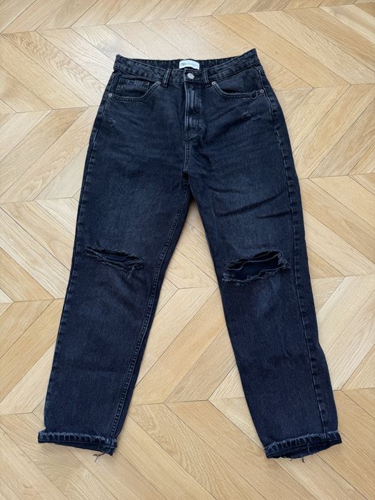 czarne jeansy zara 40 L z dziurami baggy momjeans luzne z przetarciami