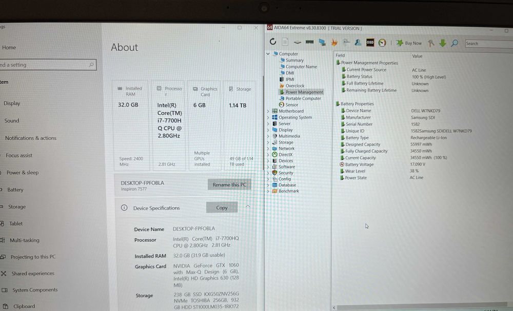 Dell Inspiron 15-7577 | RAM 32Gb | SSD 256Tb 1 TB HDD | GTX 1060