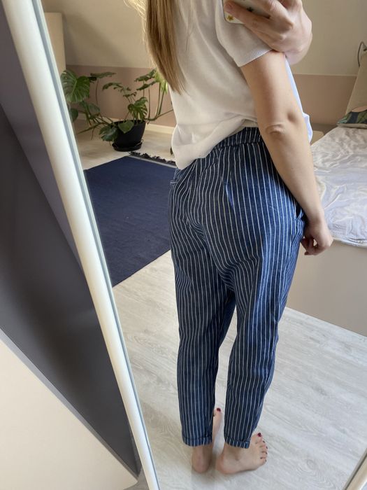 Spodnie H&M 34/36 S bawełniane letnie luźne w paski niebieskie