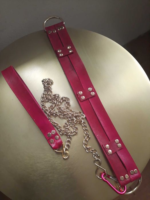 Obroża Szeroka Smycz łańcuszek złoty kolor skóra nat.