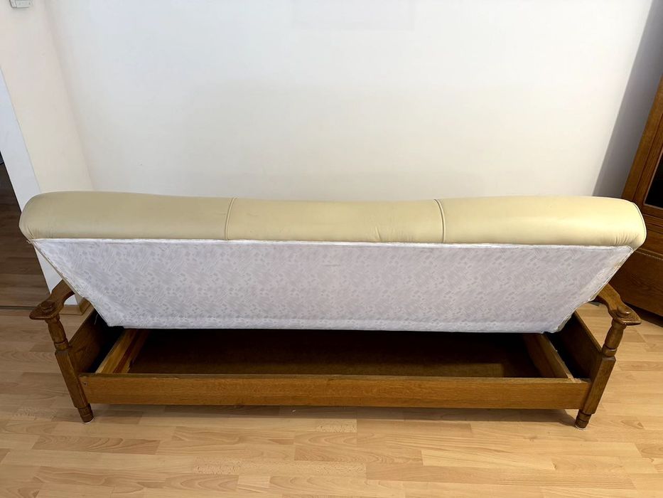 Wersalka/kanapa  + 2 fotele, skóra beżowa, lite drewno, funkcja spania