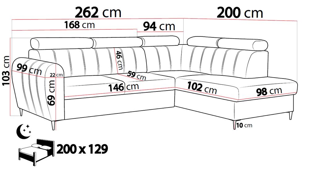 Narożnik FORIO L 262 x 200 - funkcja spania, pojemnik, ruchome zagłówki