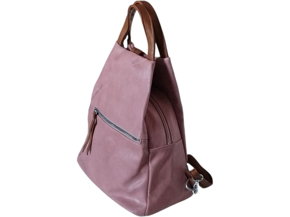 Modny Plecak Damski Worek na Ramię, 6 Kieszeni, Różowy, Ekoskóra